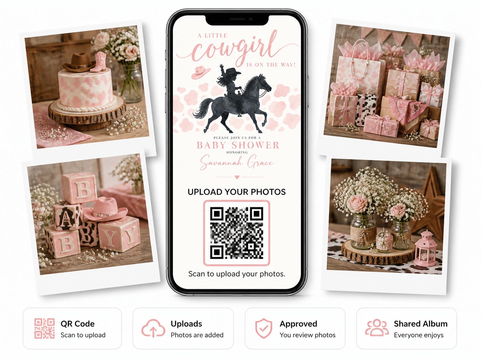 The shared photo gallery that comes with the Little Pink Cowgirl Baby Shower invitation