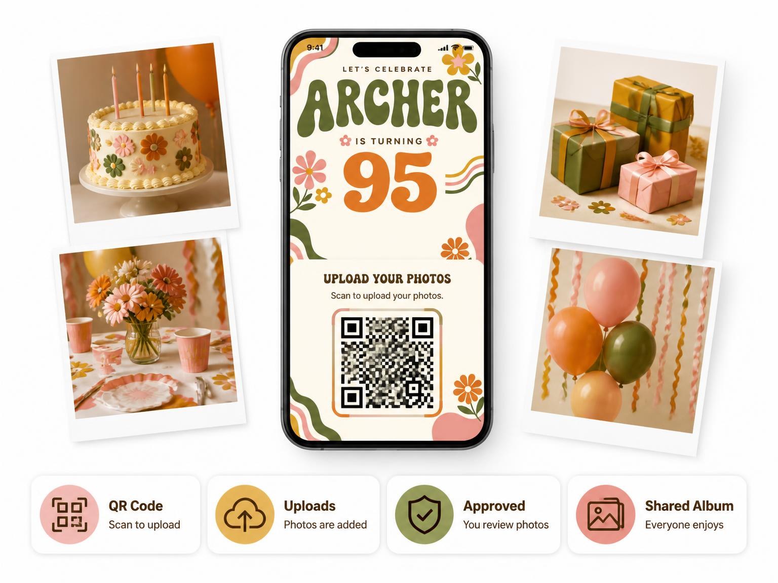 The shared photo gallery that comes with the Groovy Retro 95th Birthday Invitation invitation