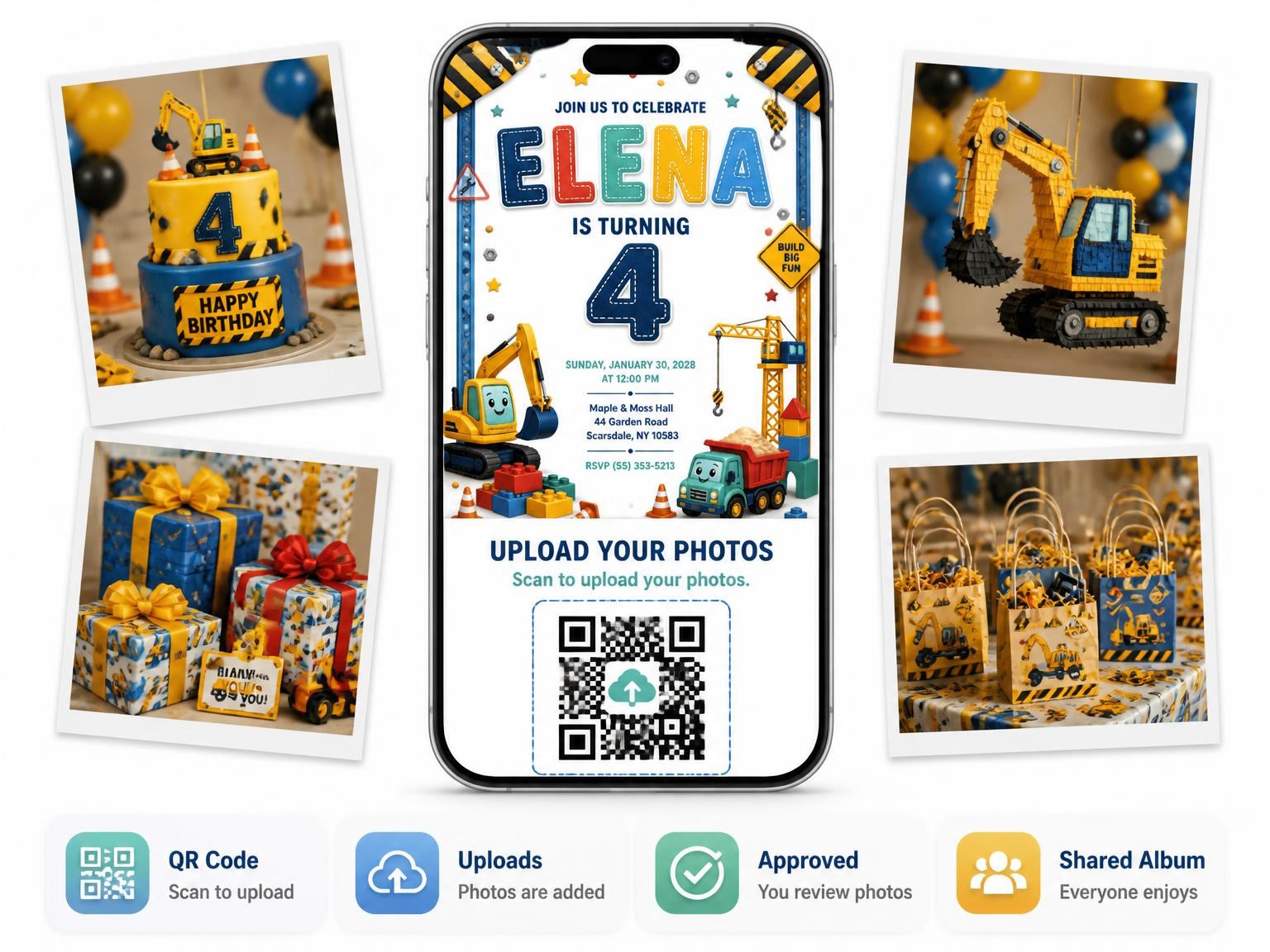 The shared photo gallery that comes with the Stitched Construction 4th Birthday Invitation invitation