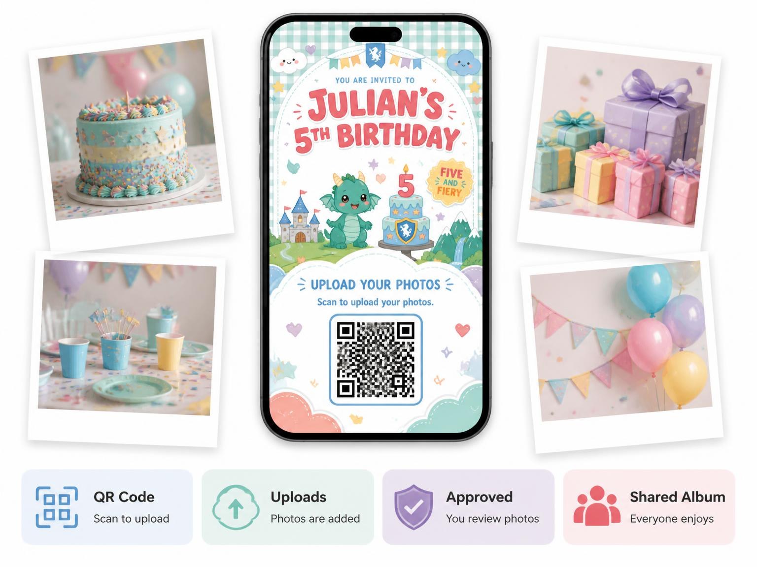 The shared photo gallery that comes with the Knight Kawaii Pastel 5th Birthday Invitation invitation