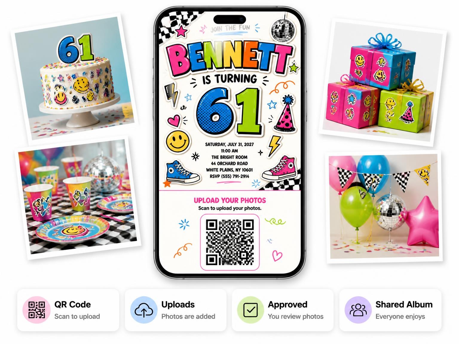 The shared photo gallery that comes with the Sticker Pop 61st Birthday Invitation invitation