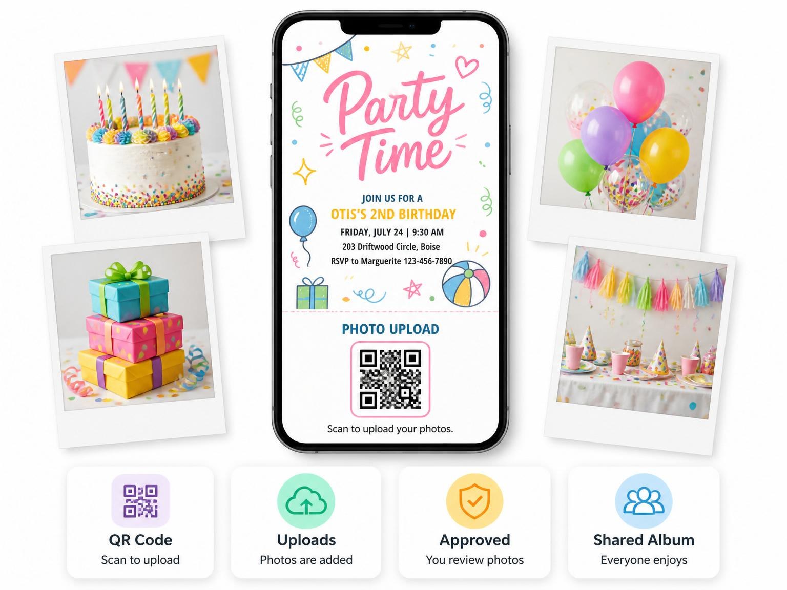 The shared photo gallery that comes with the Pastel Hand-Drawn Icon 2nd Birthday Invitation invitation