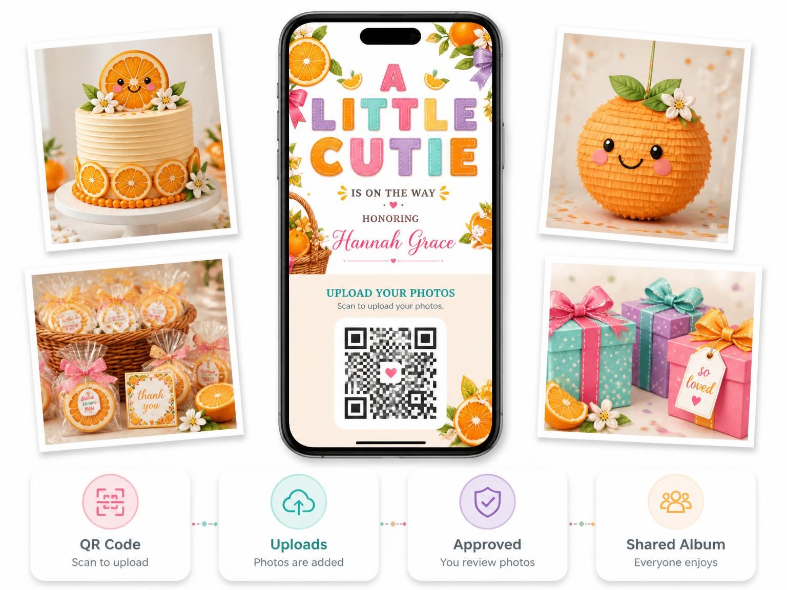 The shared photo gallery that comes with the Citrus Baby Shower Invitation invitation