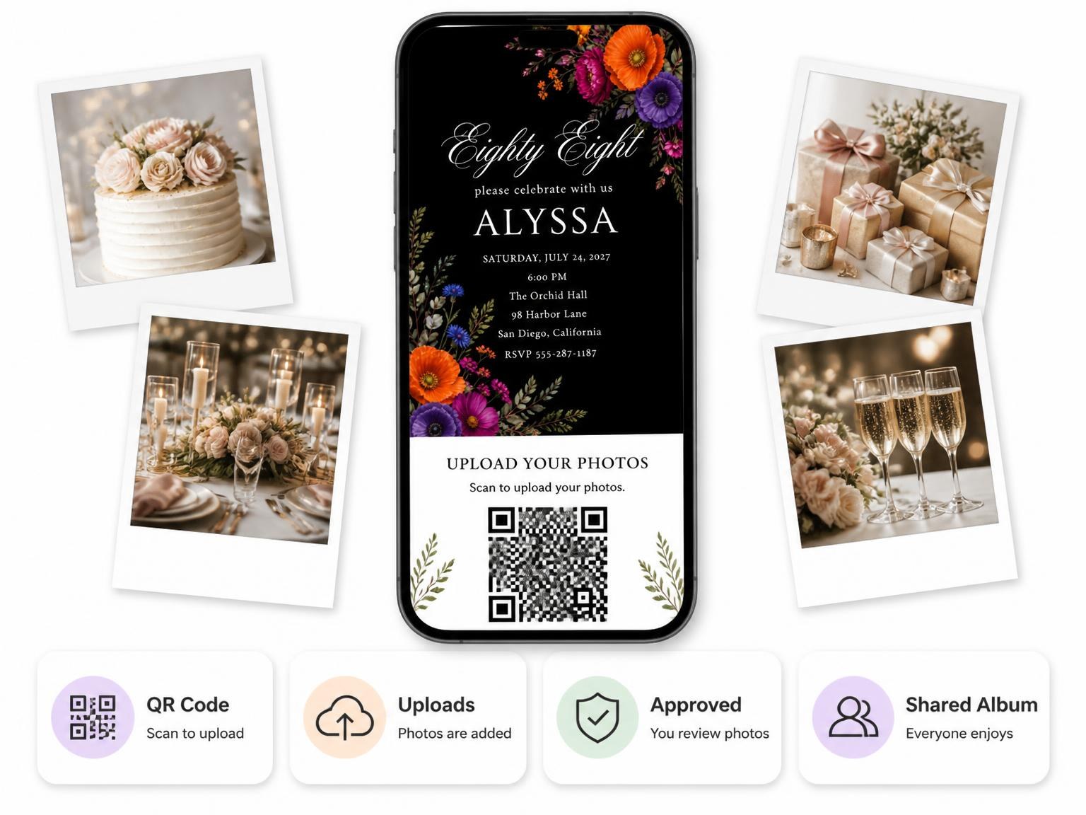The shared photo gallery that comes with the Black Floral 88th Birthday Invitation invitation