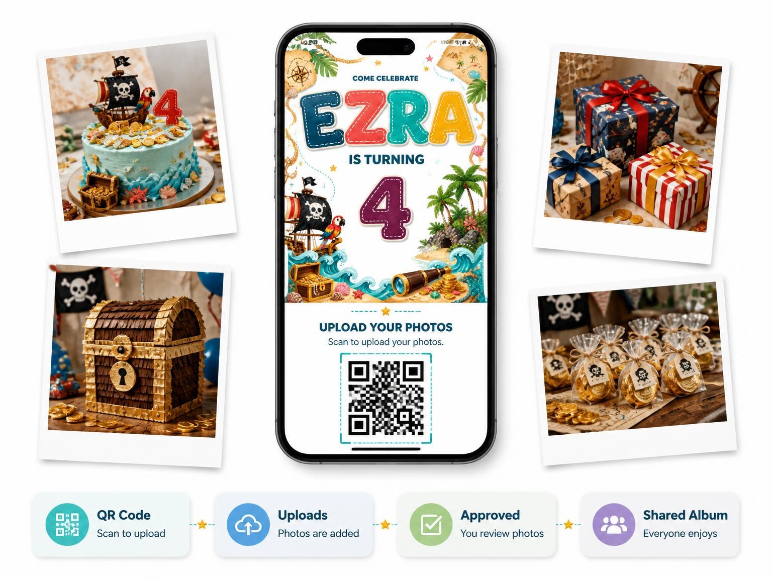 The shared photo gallery that comes with the Pirate Adventure 4th Birthday Invitation invitation
