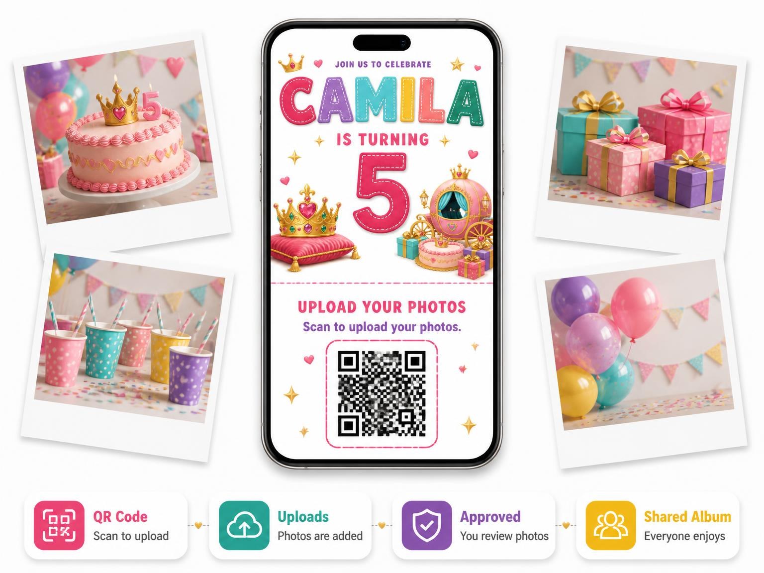 The shared photo gallery that comes with the Princess Carriage 5th Birthday Invitation invitation