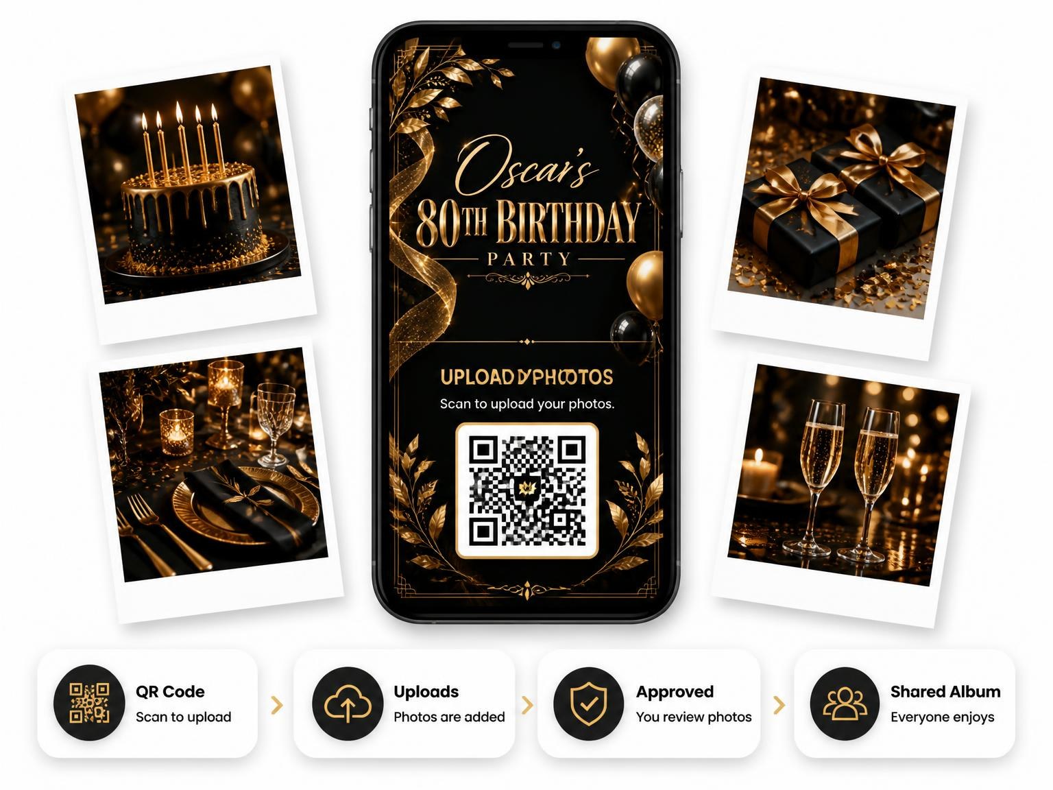 The shared photo gallery that comes with the Black and Gold 80th Birthday Invitation invitation