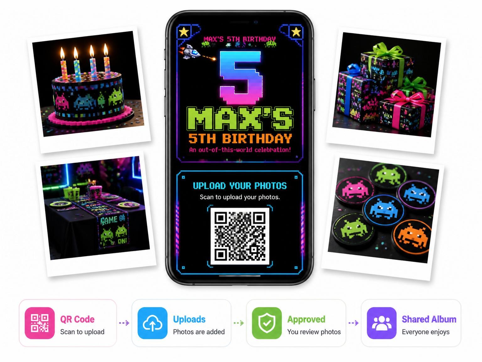 The shared photo gallery that comes with the Neon Pixel Space 5th Birthday invitation
