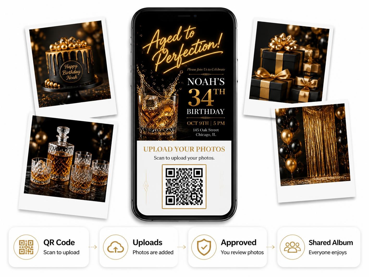 The shared photo gallery that comes with the Crystal Whiskey 34th Birthday Invitation invitation