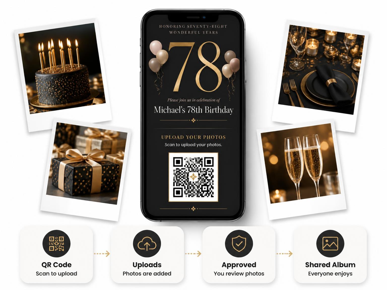 The shared photo gallery that comes with the Charcoal and Blush 78th Birthday Invitation invitation