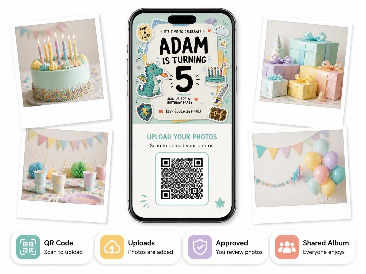 The shared photo gallery that comes with the Dragon Pastel Scrapbook 5th Birthday Invitation invitation