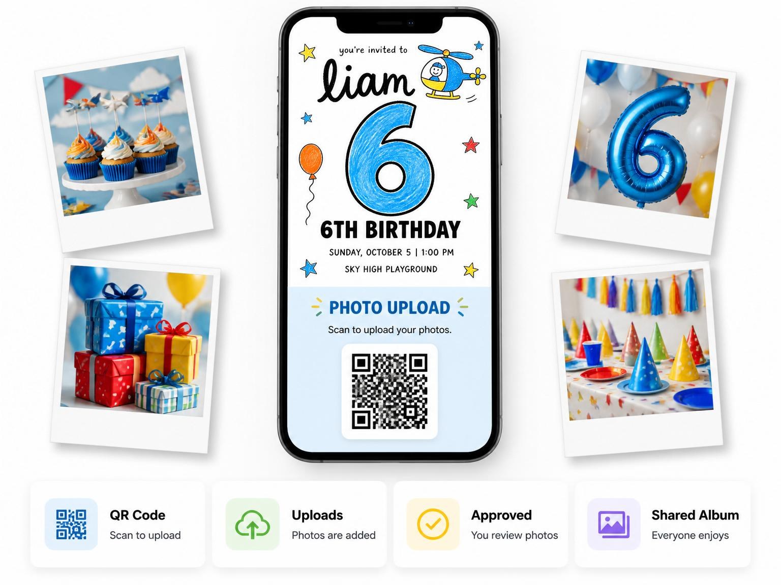 The shared photo gallery that comes with the Blue Crayon Helicopter 6th Birthday invitation