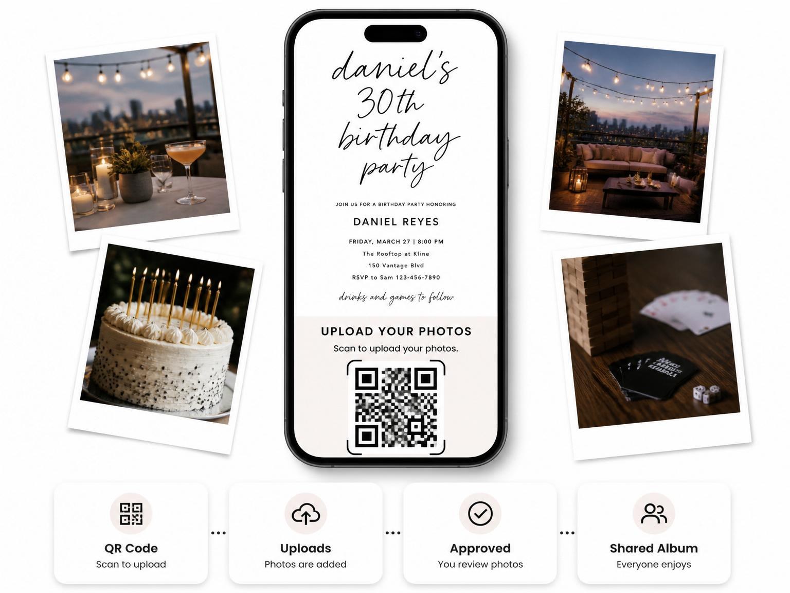 The shared photo gallery that comes with the Black Script Minimalist Birthday Invitation invitation