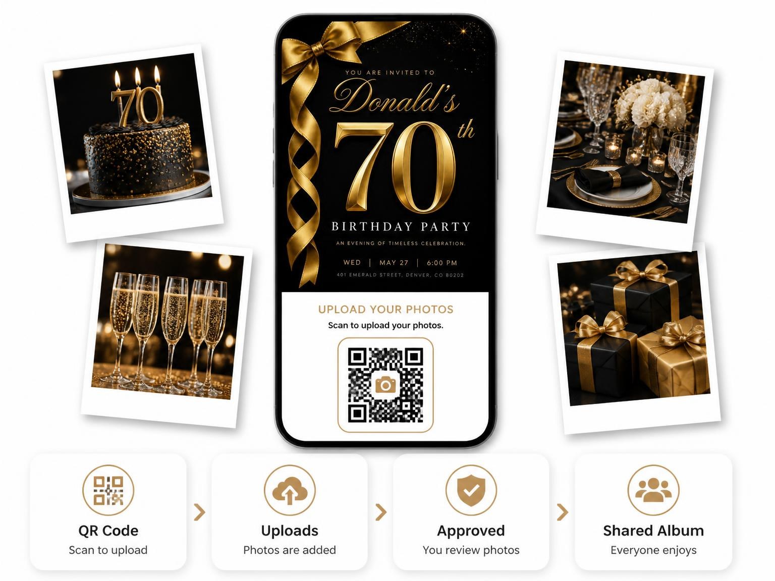 The shared photo gallery that comes with the Black and Gold Ribbon 70th Birthday invitation