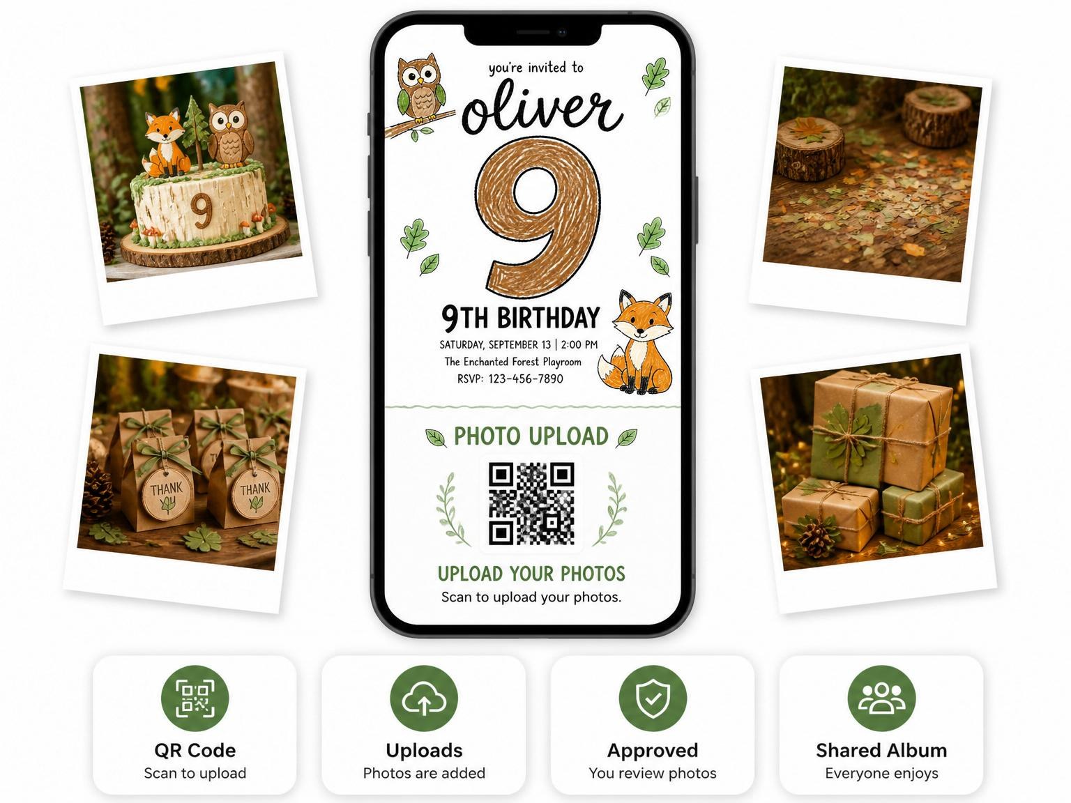 The shared photo gallery that comes with the Crayon Woodland Animal 9th Birthday Invitation invitation