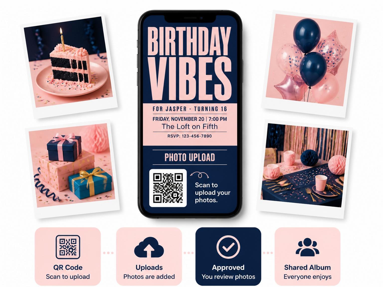 The shared photo gallery that comes with the Navy and Blush Typography Birthday invitation