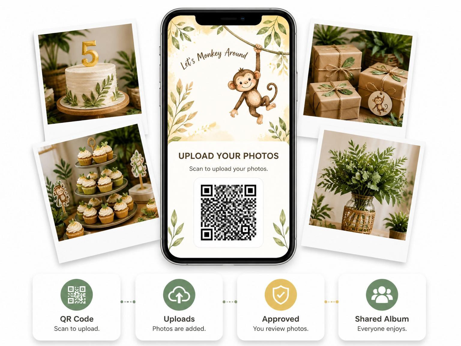 The shared photo gallery that comes with the Watercolor Jungle Monkey 5th Birthday invitation