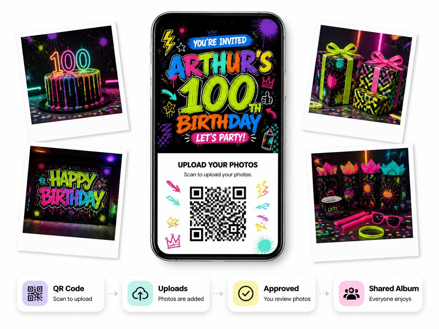 The shared photo gallery that comes with the Graffiti Street Art 100th Birthday Invitation invitation