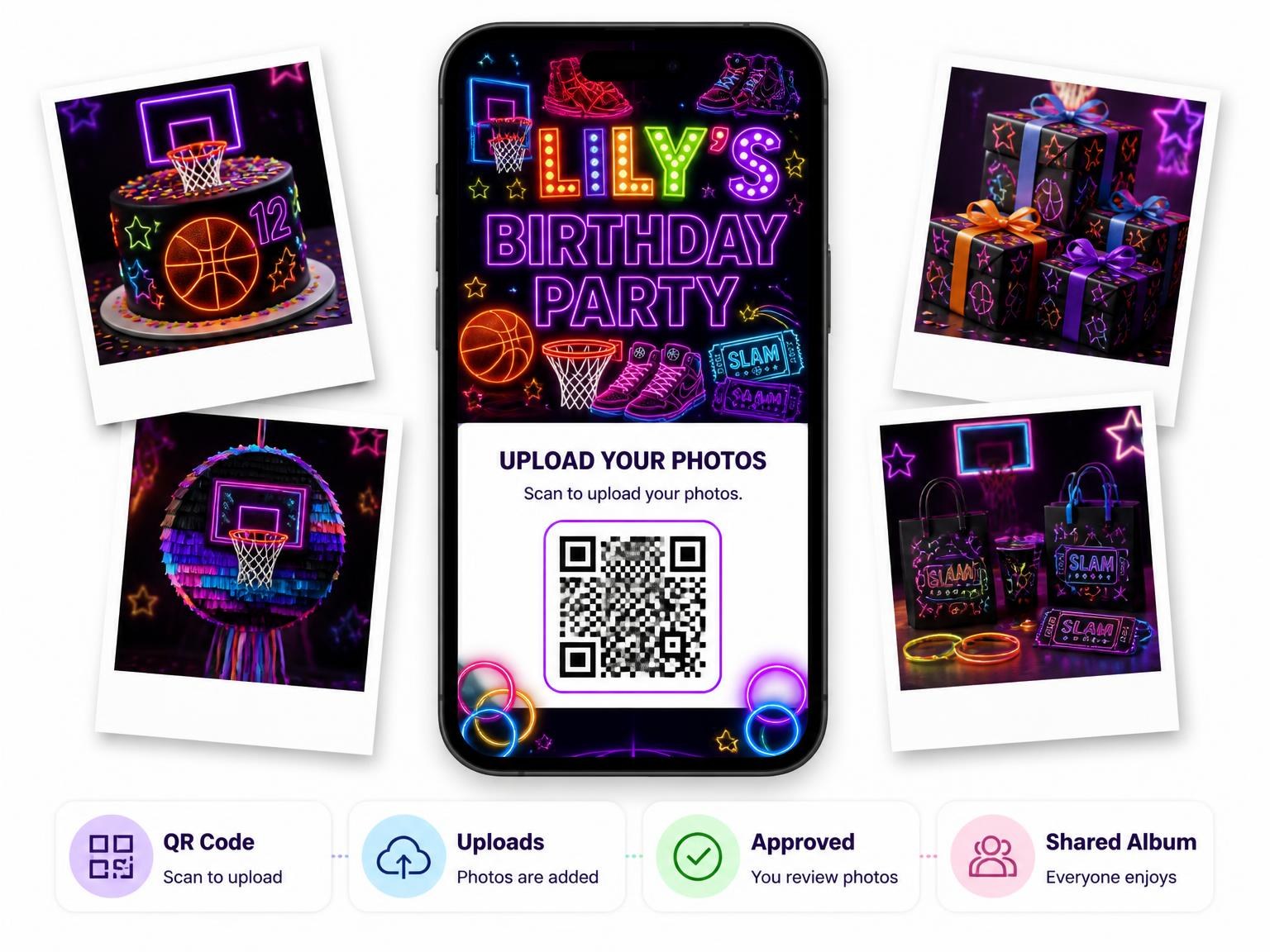 The shared photo gallery that comes with the Neon Basketball 12th Birthday Invitation invitation