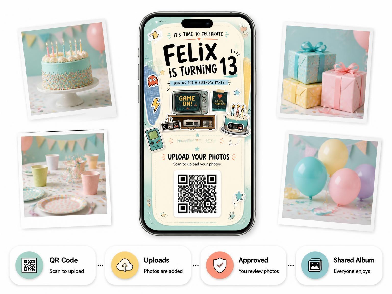 The shared photo gallery that comes with the Pastel Retro Gaming 13th Birthday Invitation invitation