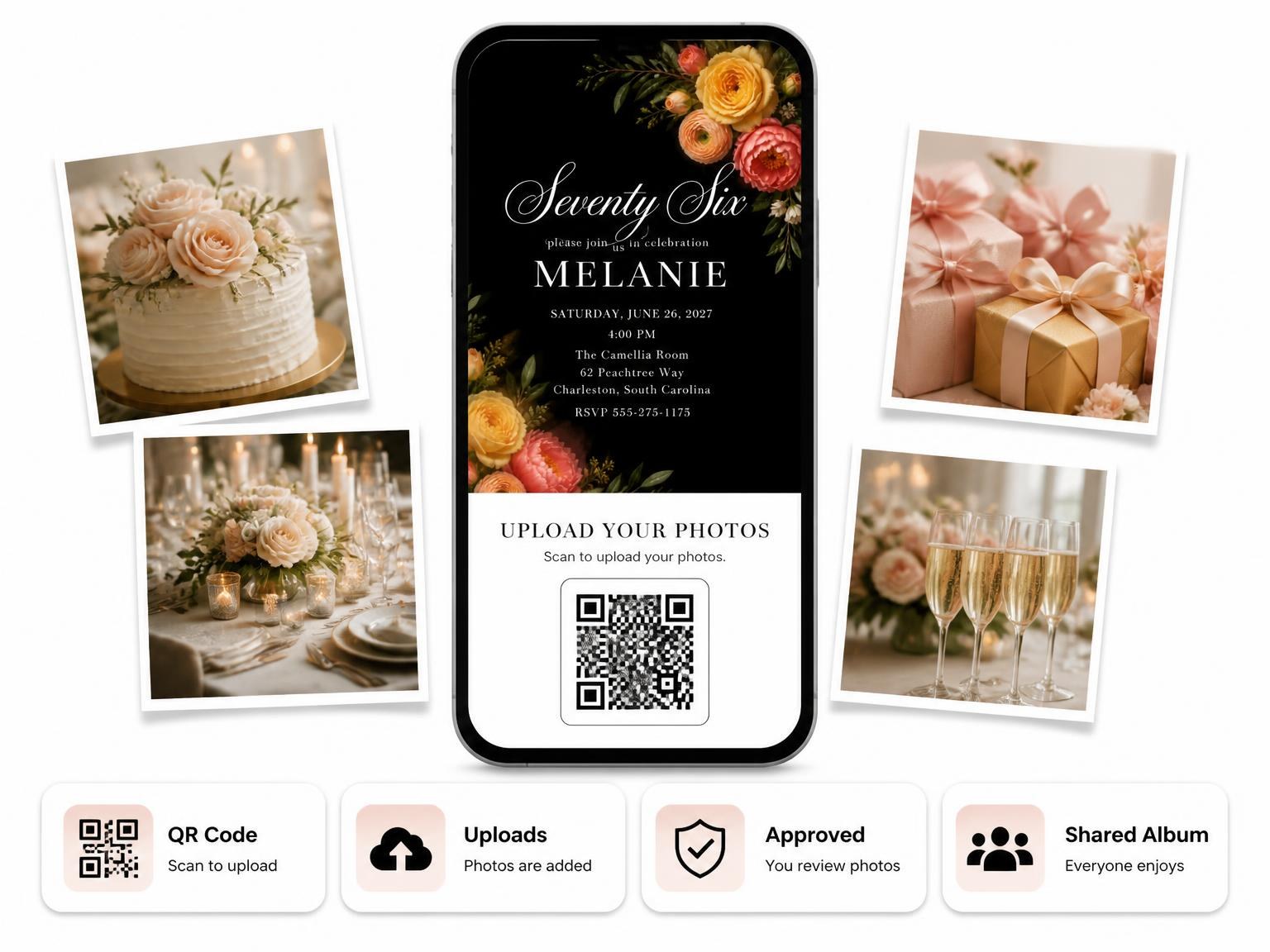 The shared photo gallery that comes with the Black Floral 76th Birthday Invitation invitation