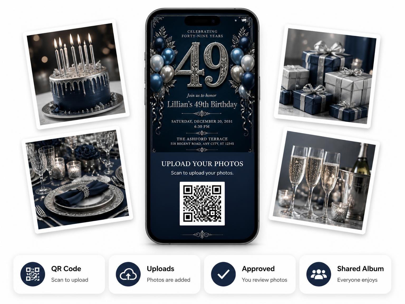 The shared photo gallery that comes with the Navy and Silver 49th Birthday Invitation invitation