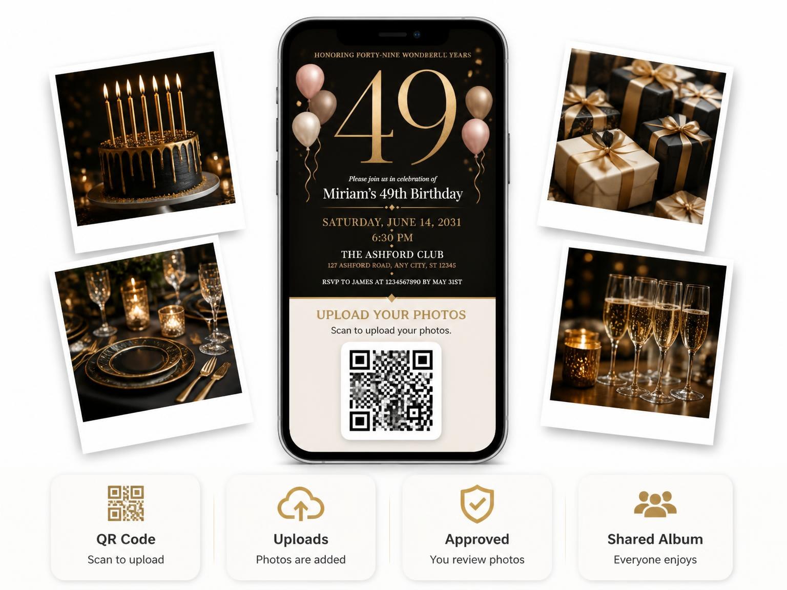 The shared photo gallery that comes with the Charcoal and Blush 49th Birthday Invitation invitation