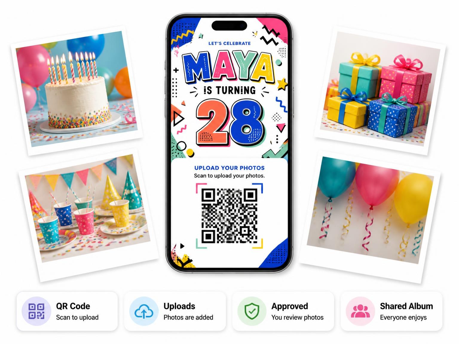The shared photo gallery that comes with the Memphis Pop 28th Birthday Invitation invitation