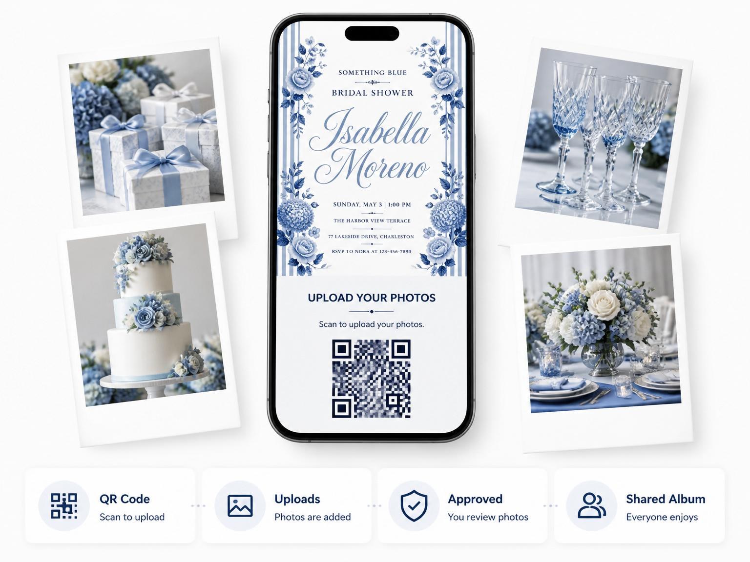 The shared photo gallery that comes with the Blue Chinoiserie Floral Bridal Shower invitation