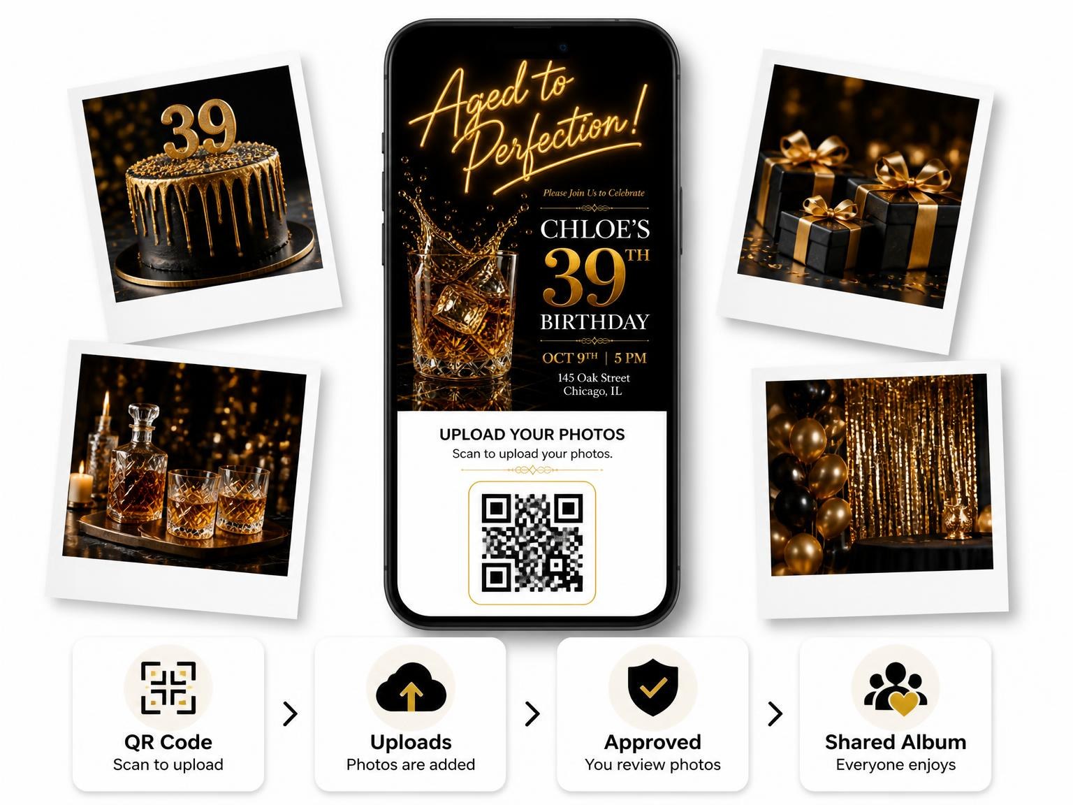The shared photo gallery that comes with the Whiskey Lowball 39th Birthday Invitation invitation