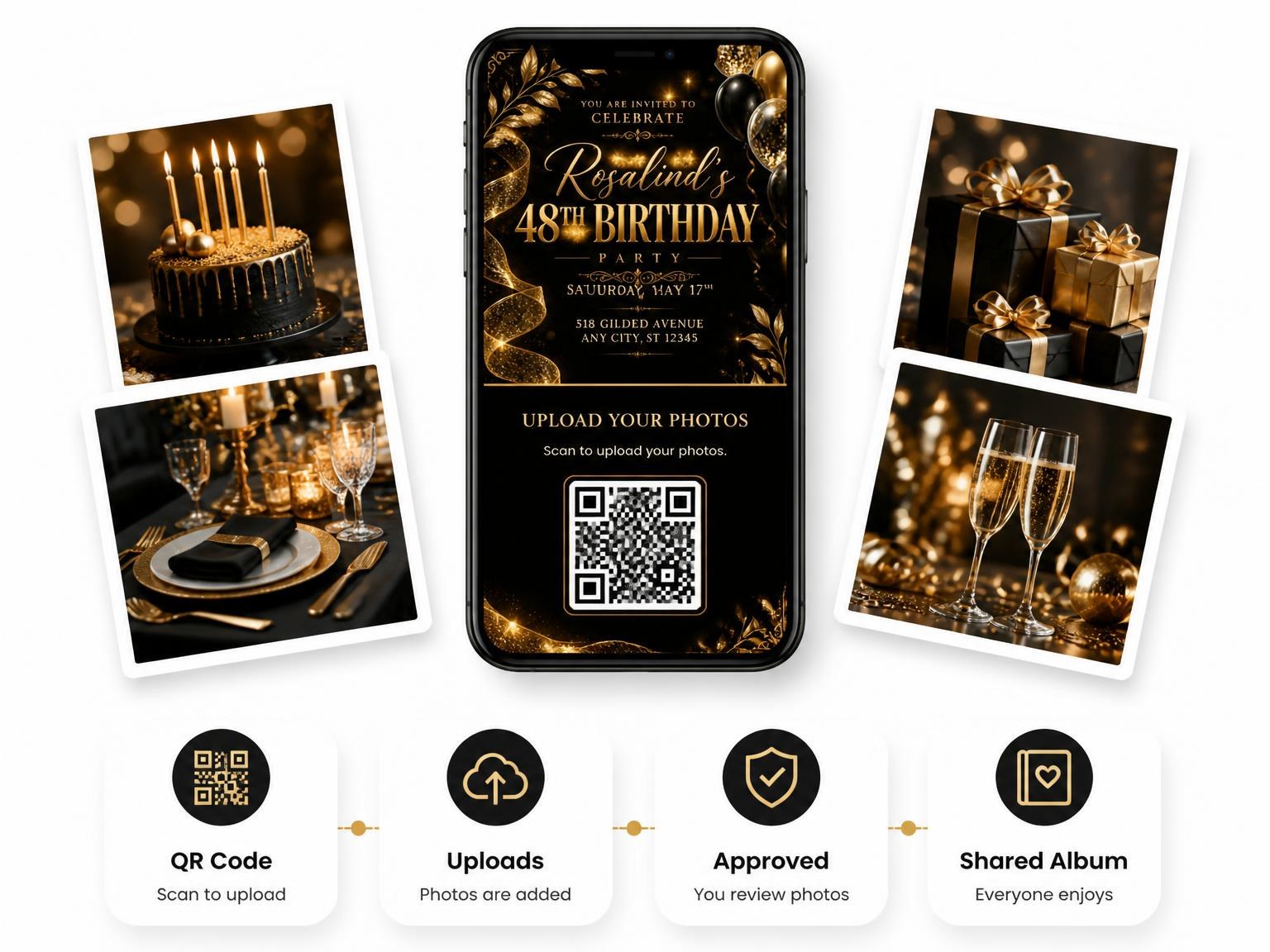 The shared photo gallery that comes with the Black and Gold 48th Birthday Invitation invitation