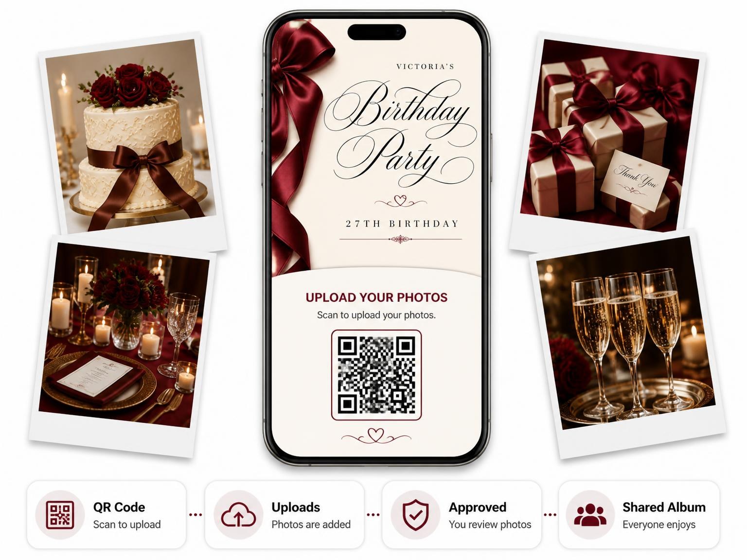 The shared photo gallery that comes with the Burgundy Satin Bow 27th Birthday Invitation invitation