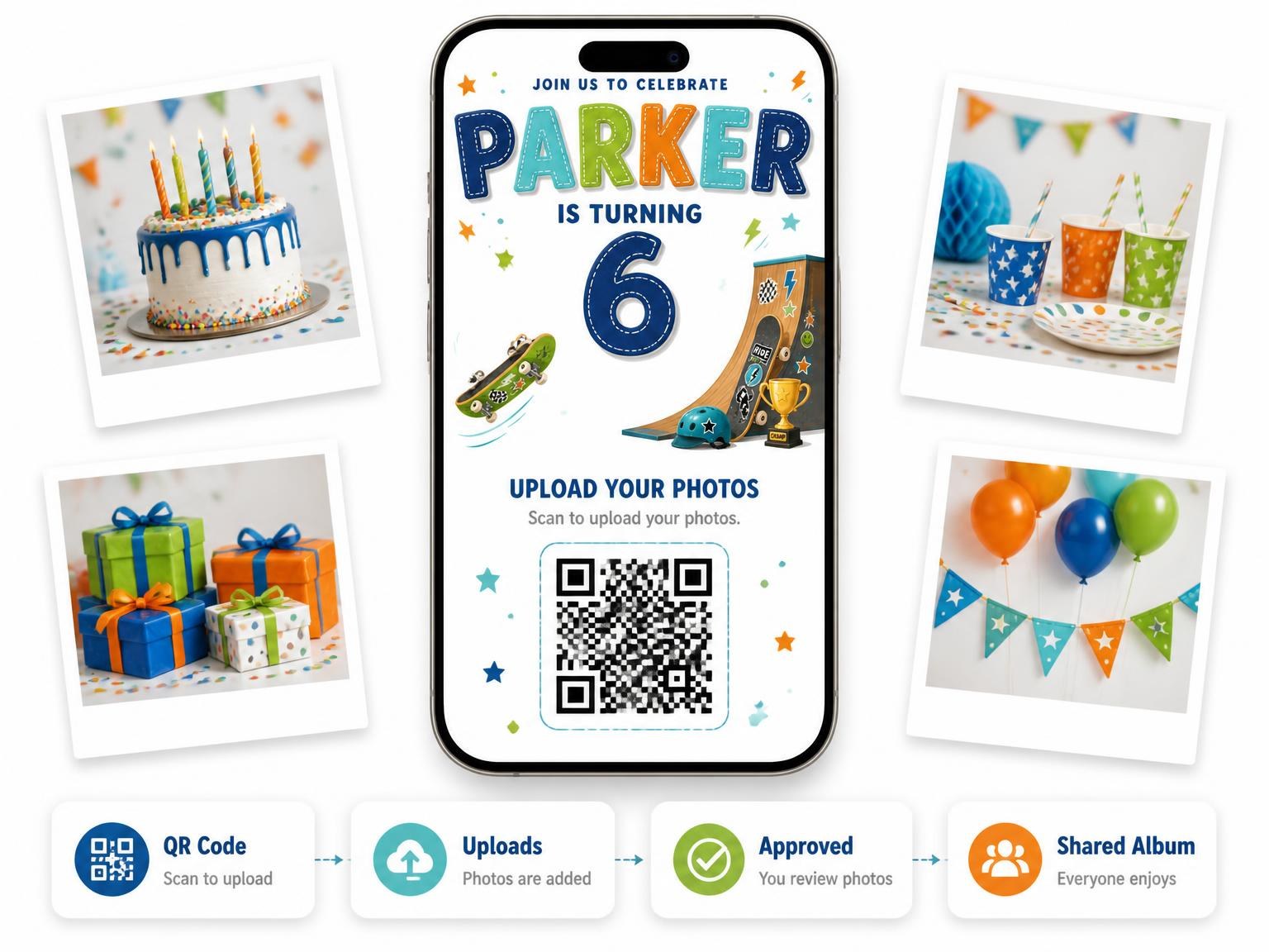 The shared photo gallery that comes with the Stitched Skateboard Ramp 6th Birthday Invitation invitation