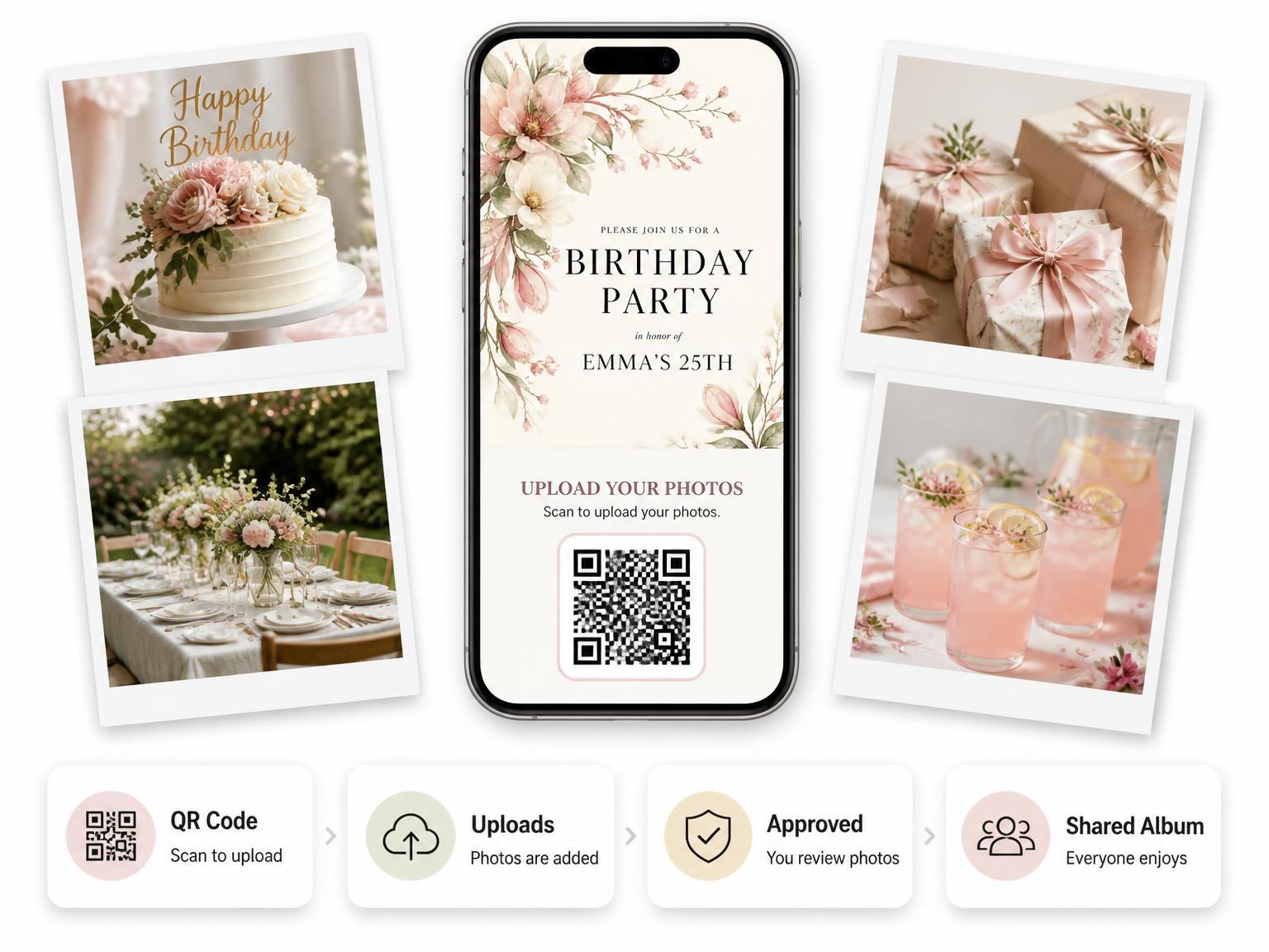 The shared photo gallery that comes with the Flowers Branches Blush 25th Birthday Invitation invitation
