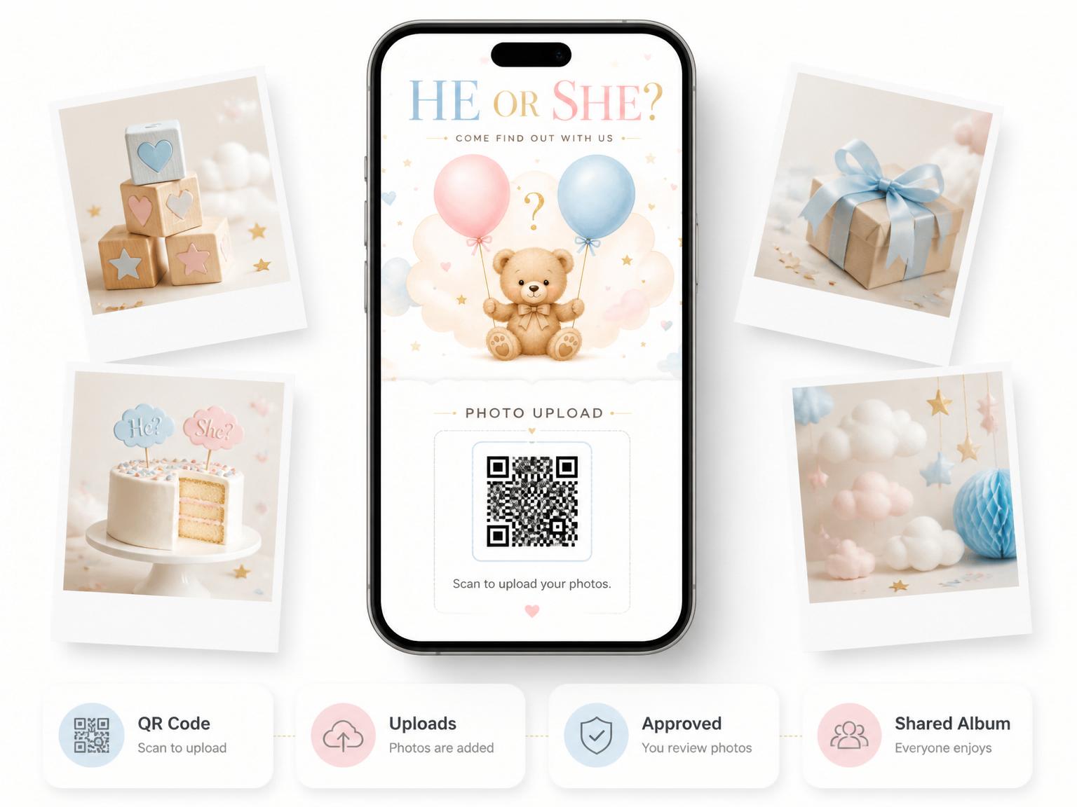The shared photo gallery that comes with the Cuddly Teddy Bear Gender Reveal Invitation invitation
