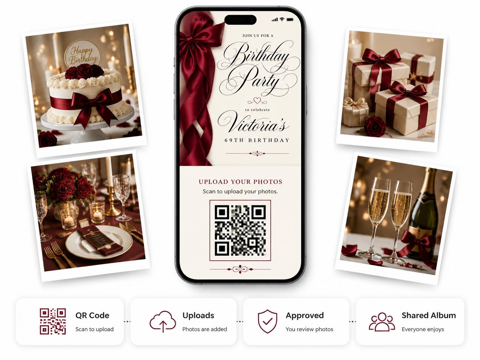 The shared photo gallery that comes with the Burgundy Satin Bow 69th Birthday Invitation invitation