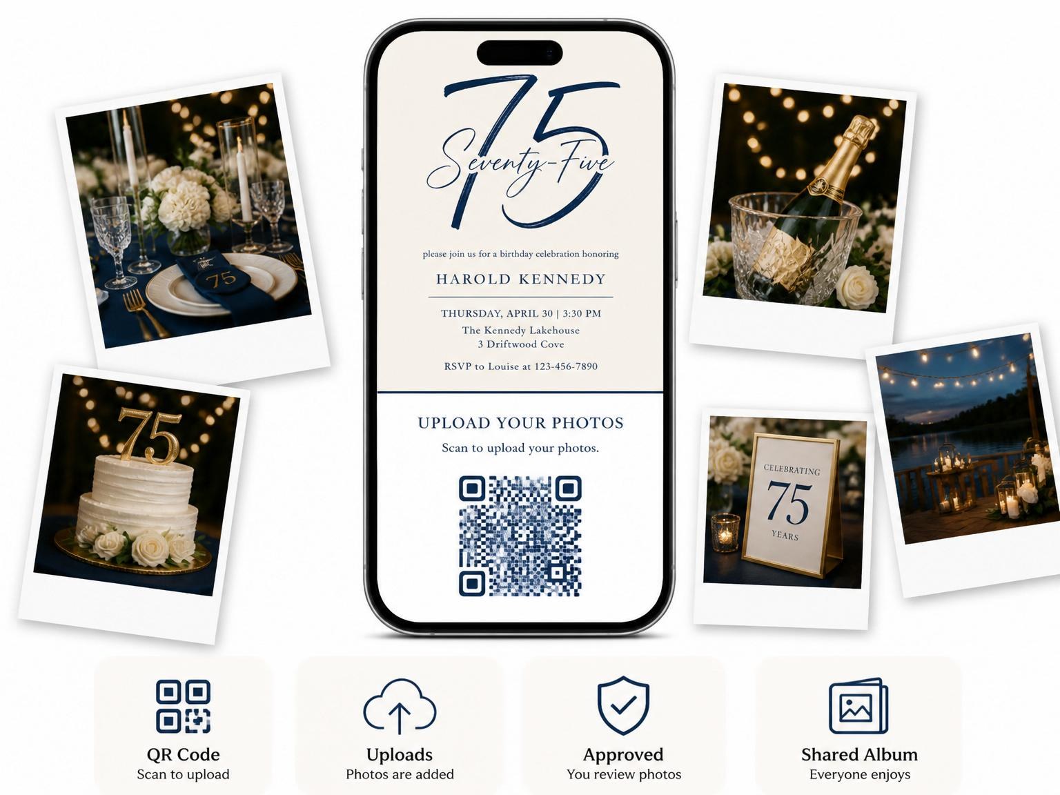 The shared photo gallery that comes with the Indigo Brush-Lettered 75th Birthday Invitation invitation