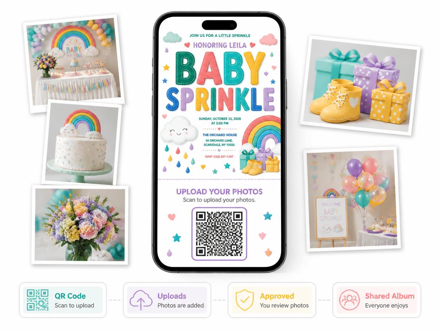 The shared photo gallery that comes with the Stitched Rainbow Baby Sprinkle Invitation invitation