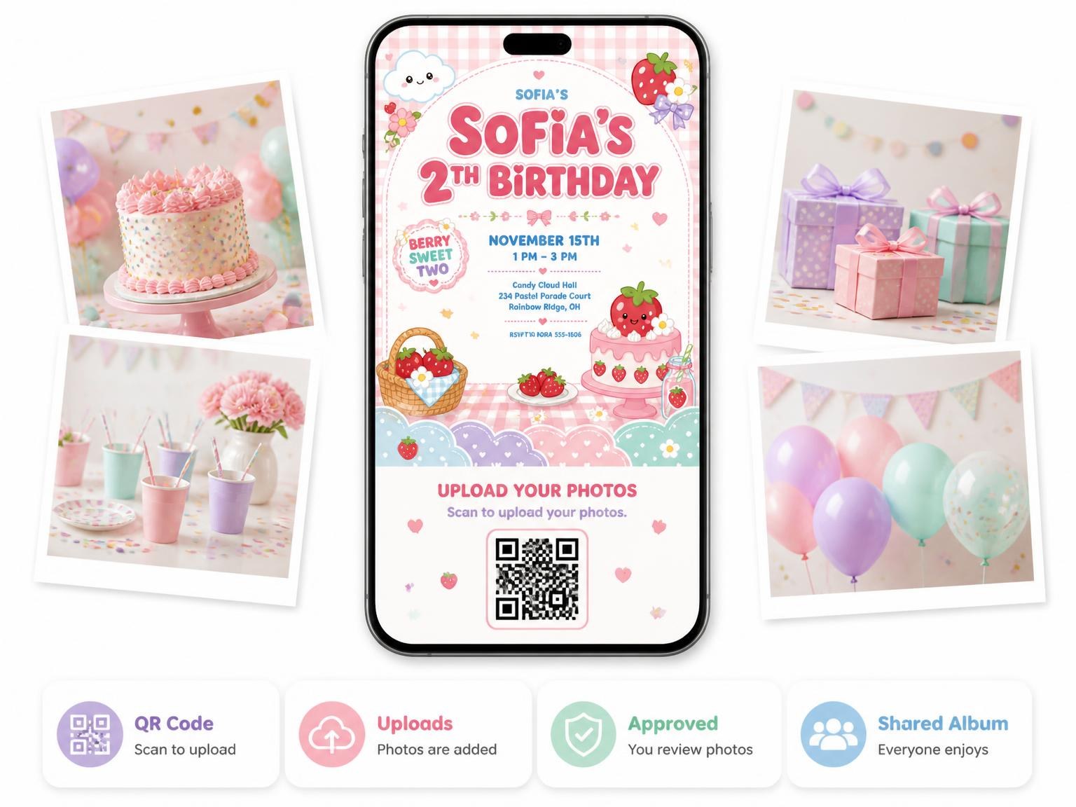 The shared photo gallery that comes with the Strawberry Cake Kawaii 2nd Birthday Invitation invitation