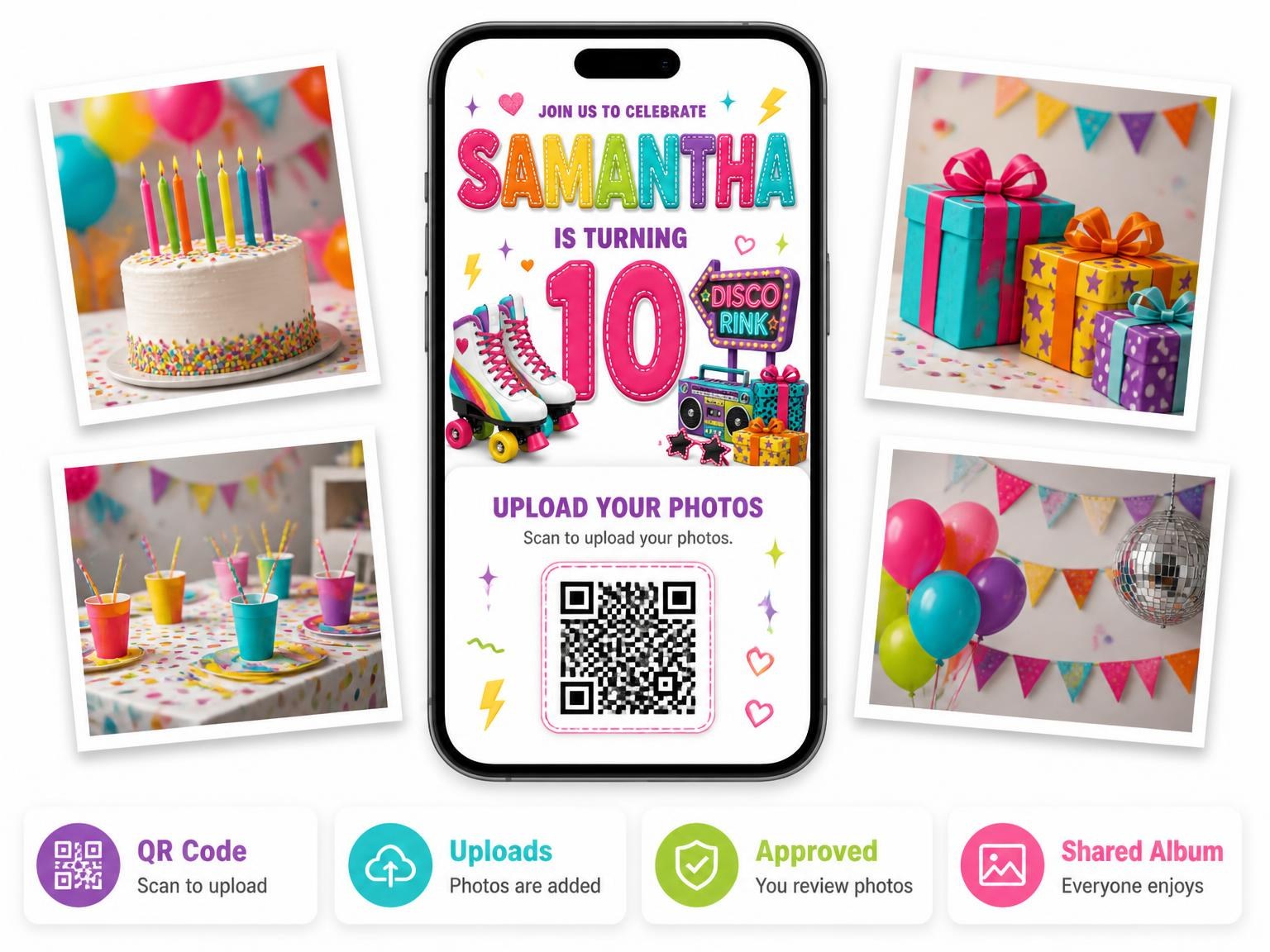 The shared photo gallery that comes with the Marquee Sign Stitched 10th Birthday Invitation invitation