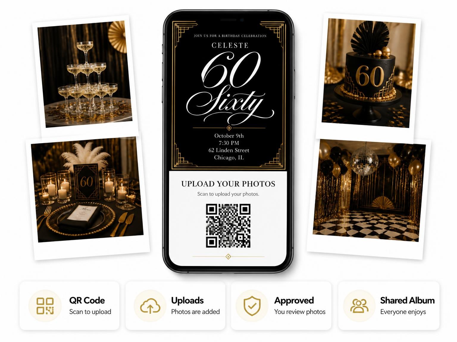 The shared photo gallery that comes with the Art Deco 60th Birthday Invitation invitation