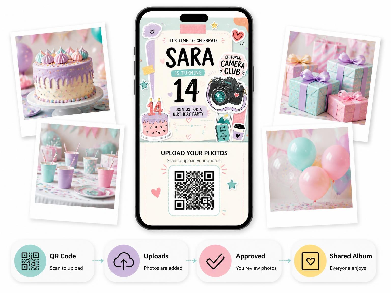 The shared photo gallery that comes with the Pastel DSLR Camera 14th Birthday Invitation invitation