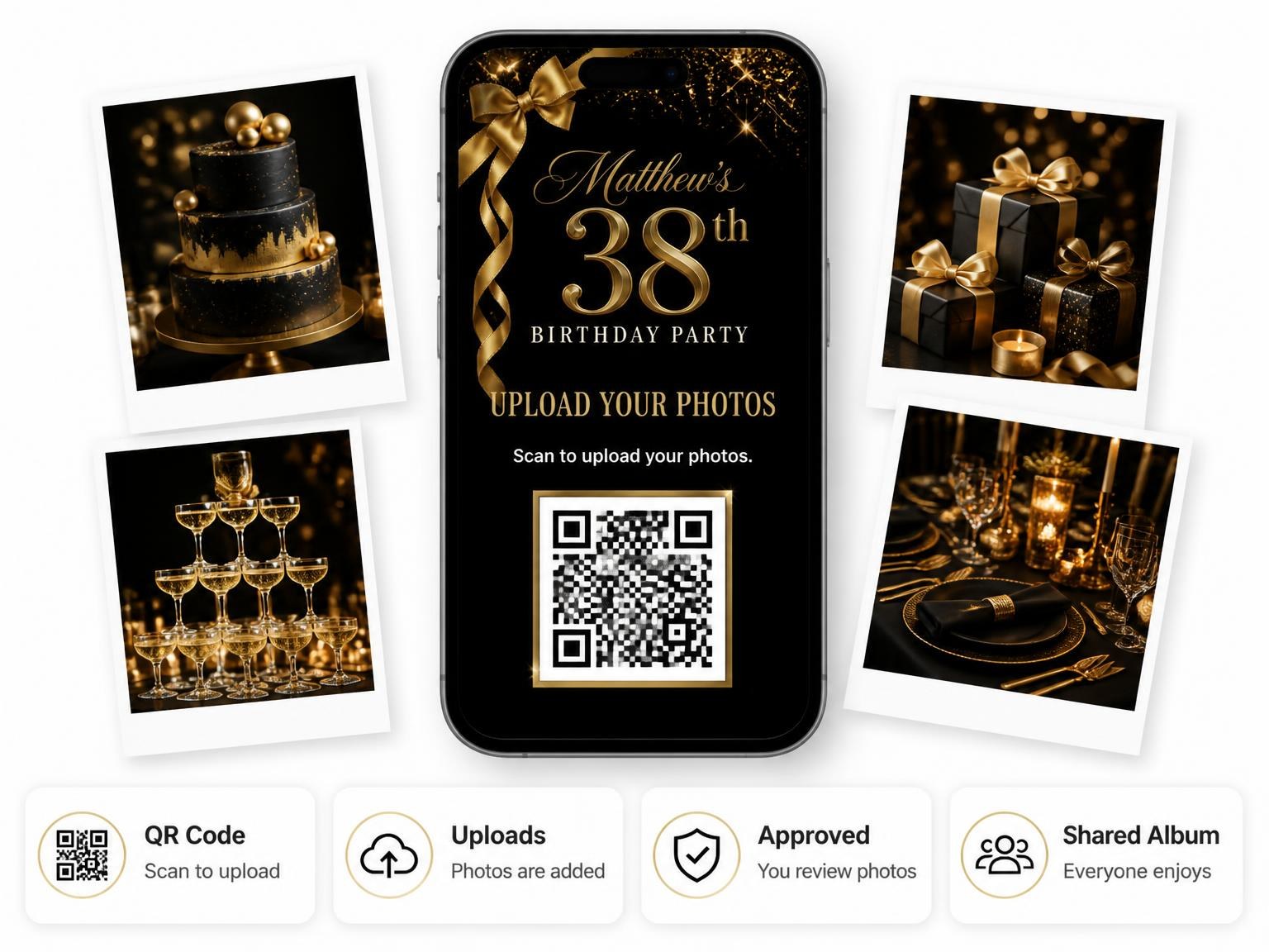 The shared photo gallery that comes with the Black and Gold Ribbon 38th Birthday invitation