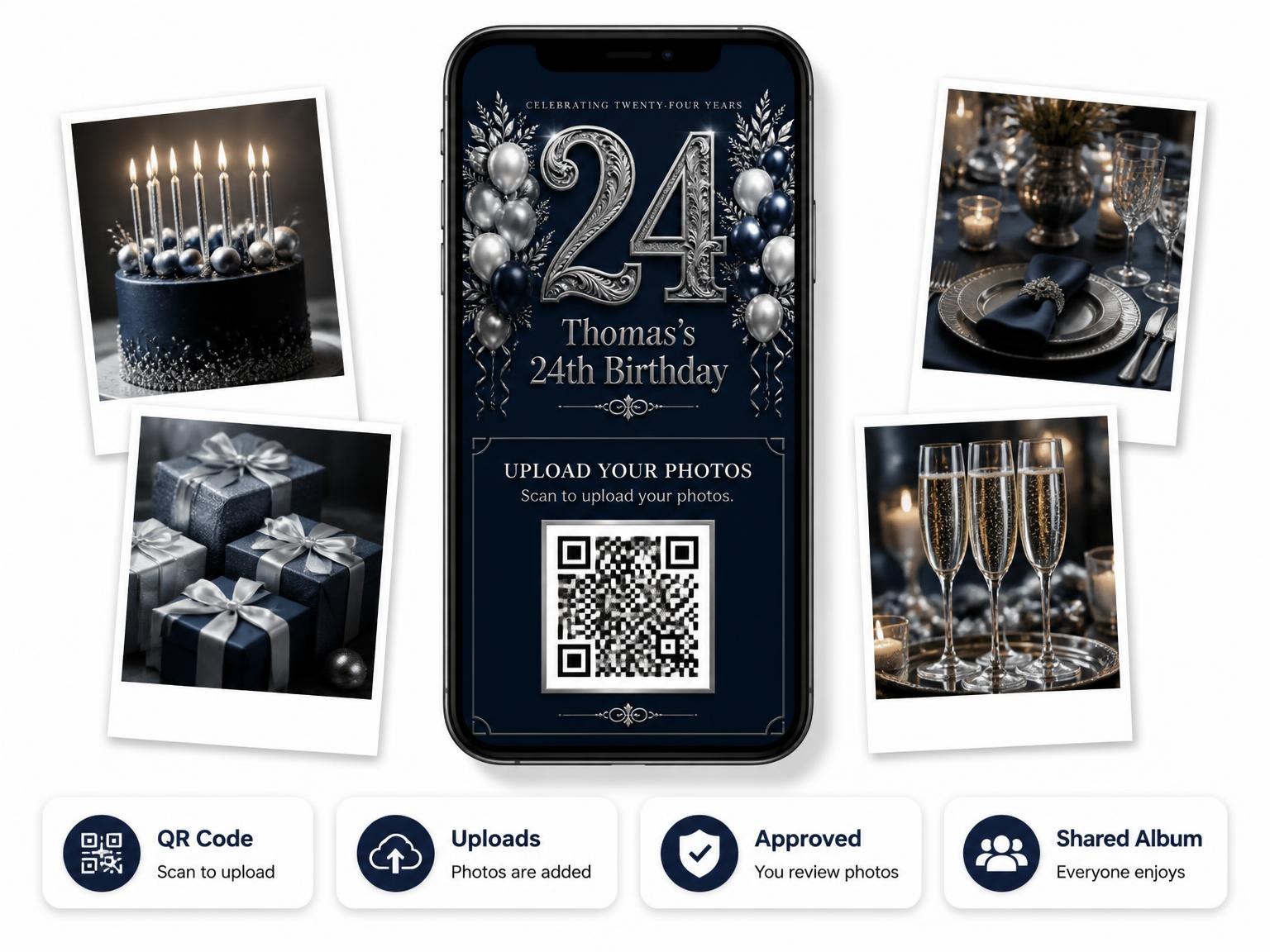 The shared photo gallery that comes with the Navy and Silver 24th Birthday Invitation invitation