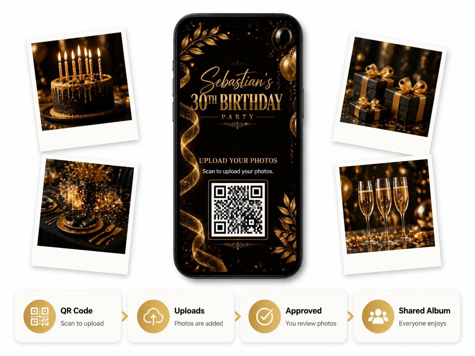 The shared photo gallery that comes with the Gold Leaves and Balloons 30th Birthday Invitation invitation