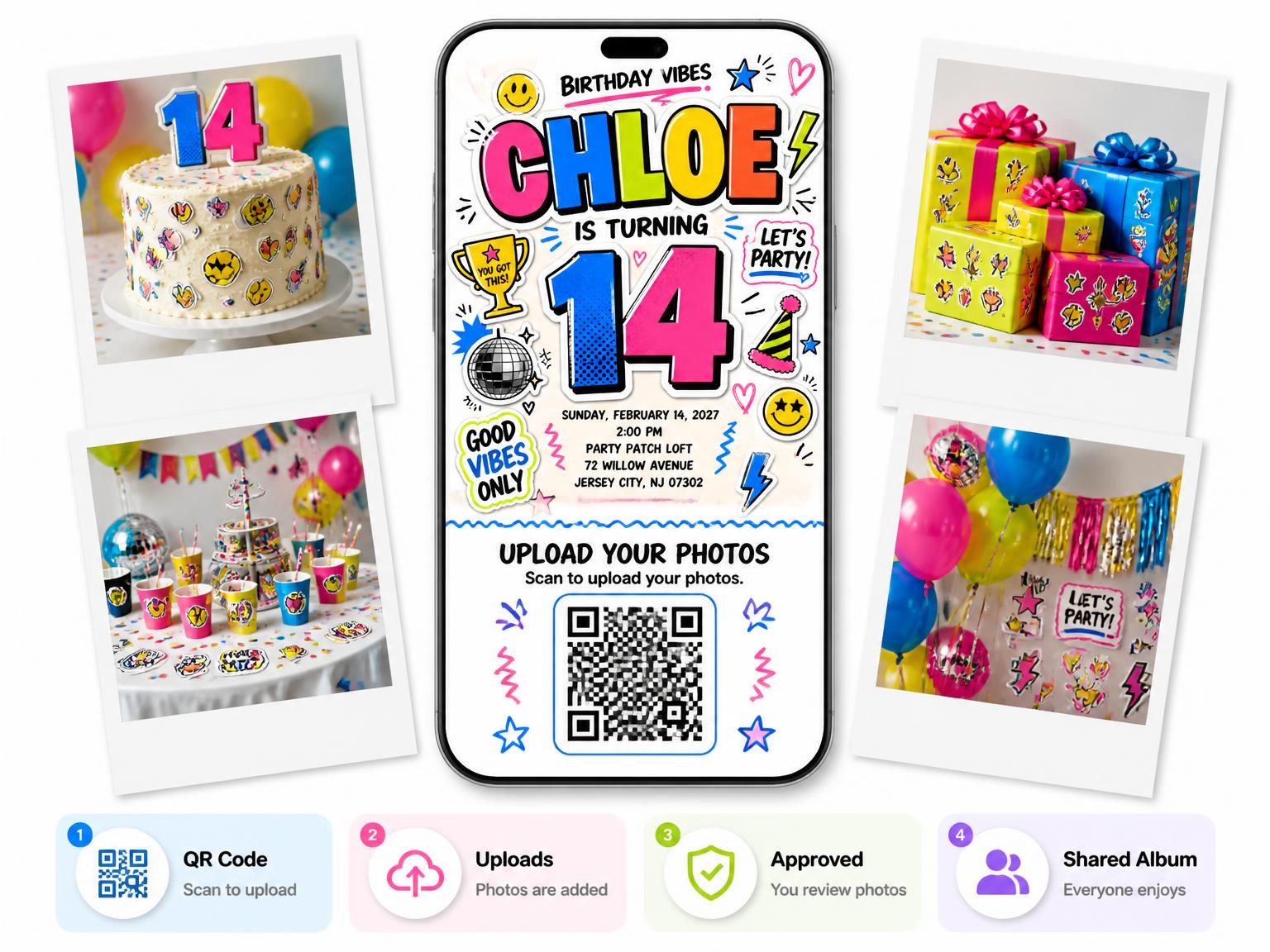 The shared photo gallery that comes with the Sticker Pop 14th Birthday Invitation invitation
