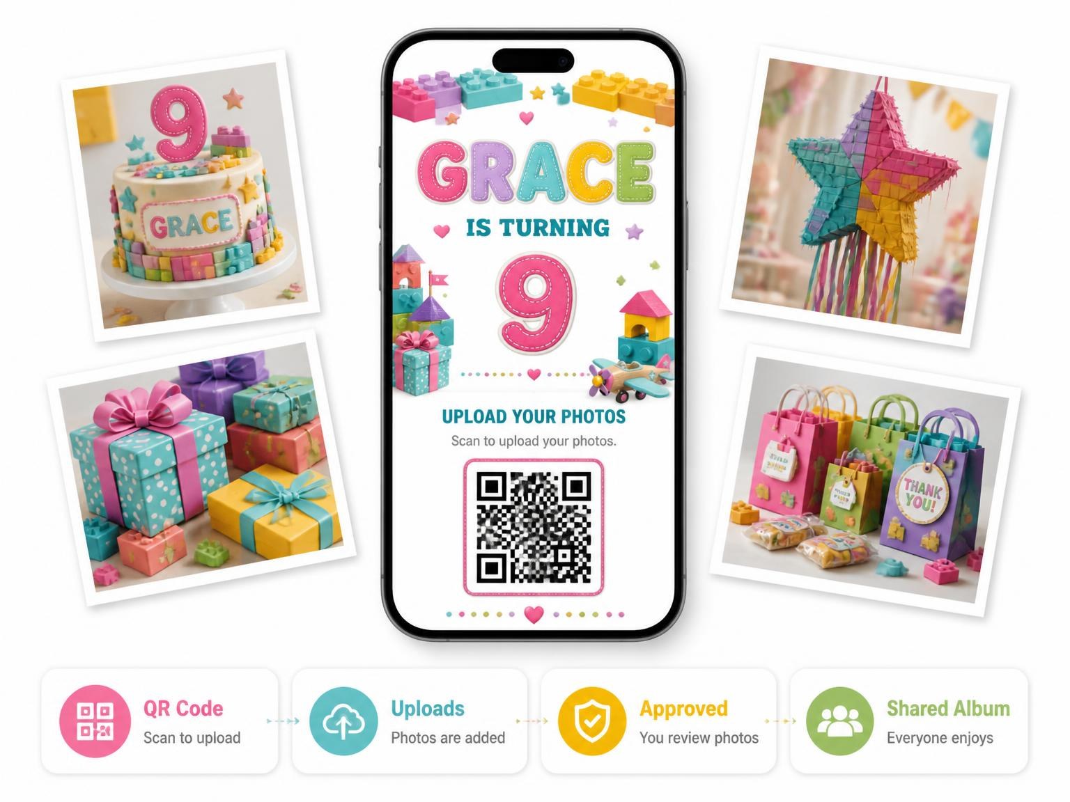The shared photo gallery that comes with the Stitched Toy Blocks 9th Birthday Invitation invitation