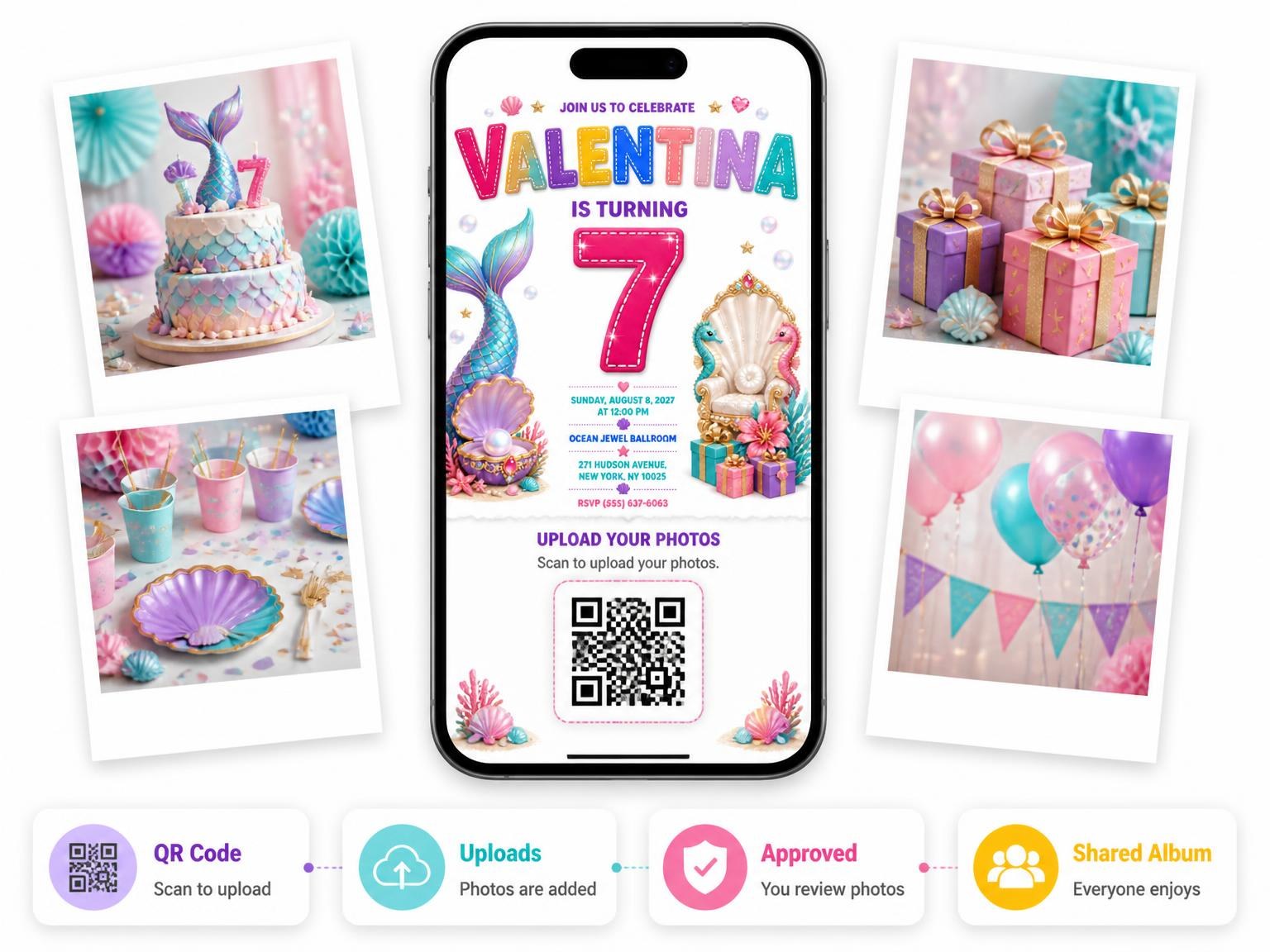 The shared photo gallery that comes with the Stitched Mermaid Tail 7th Birthday Invitation invitation