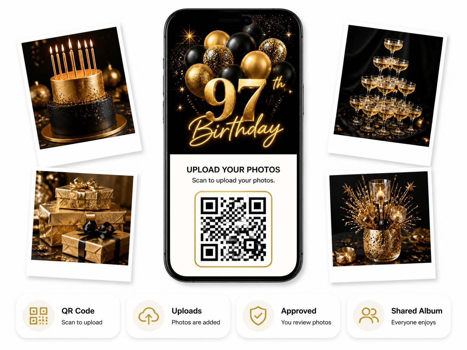 The shared photo gallery that comes with the Black and Gold Balloon 97th Birthday invitation