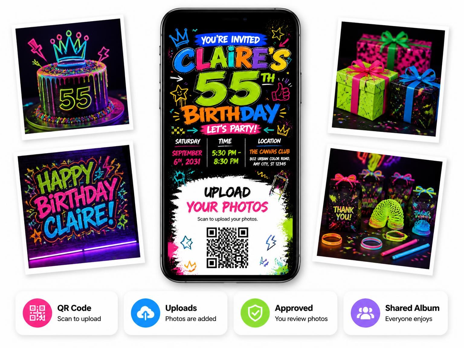 The shared photo gallery that comes with the Graffiti Street Art 55th Birthday Invitation invitation